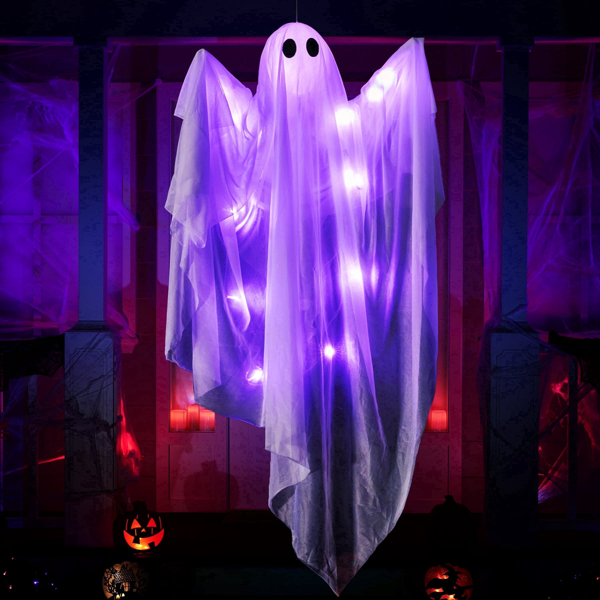 47" Halloween Hanging Light up Ghost Decorations Outdoor,White Ghosts with Purple LED Light and Timer Halloween Hanging Decoration Waterproof for Front Yard Patio Lawn