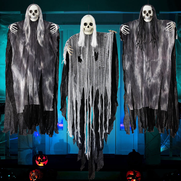 3 Pack Halloween Hanging Ghosts,Scary Skeleton Ghosts Grim Reapers Decorations for Halloween Indoor Outdoor Yard Home Decorations